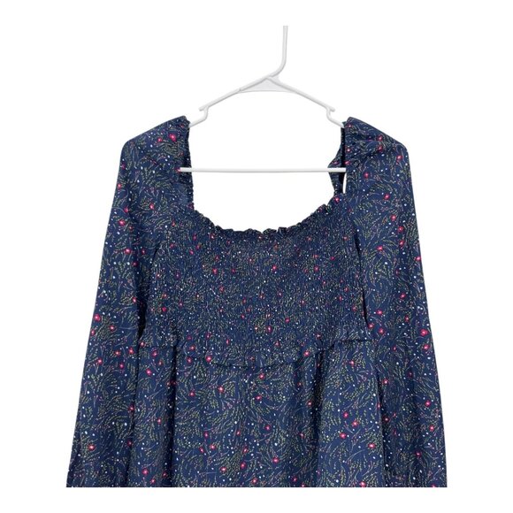 Umgee Womens Floral Print Smocked Front Peasant Top Blouse Navy & Pink SZ M - Picture 2 of 9